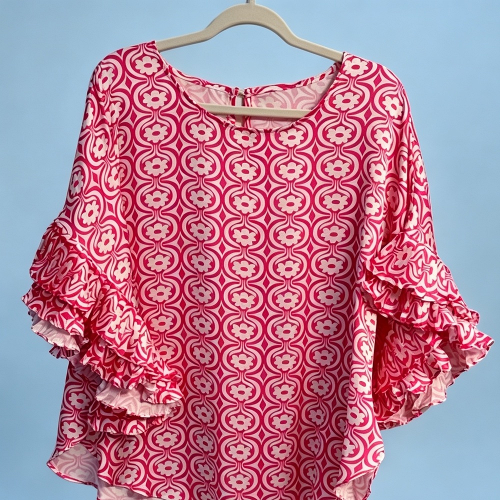 Pink Patterned Ruffle-Sleeve Women's Top - Picture 2 of 2